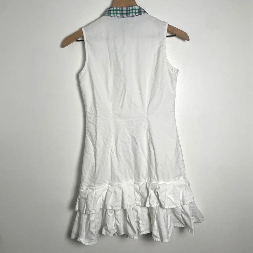 Ralph Lauren Dress Girls 16 White Sleeveless Plaid Collar Ruffle Hem Preppy